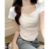 Apricot V-neck Clavicle Right Shoulder Short-sleeved Summer New Style Waist Slimming Hot Girl T-shirt Female Hem Curved Pure Desire Top