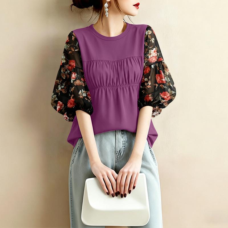 ZANZEA Women Casual Round Neck Loose Floral Print Splice 3/4 Sleeve Blouse
