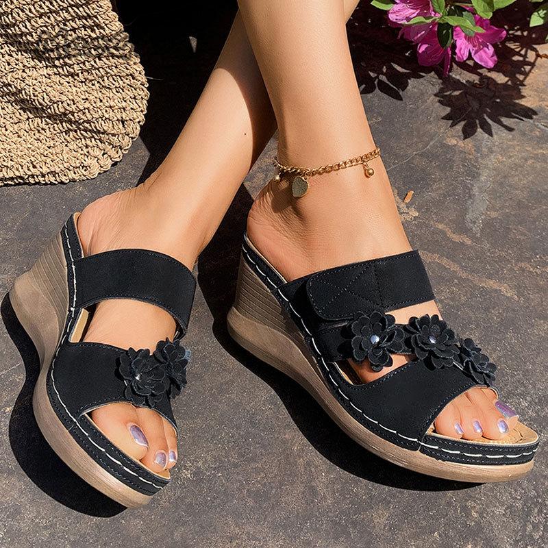 Mode Damen Retro Blumen Dekor Keilsandalen Übergröße 42 Komfort Rutschfest Strand Hausschuhe Dicke Sohle Klobige Plateau Römische Sandalen