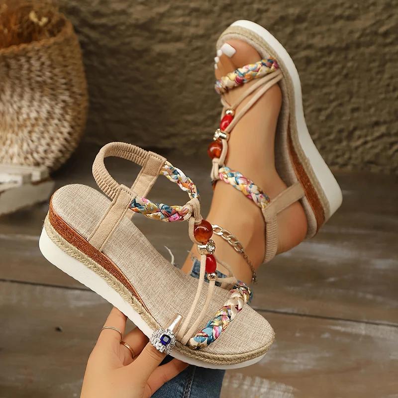 Fashion Bohemian Style Espadrille Wedge Sandals for Women Beaded Decor Ankle Strap Platform Sandals Woman Comfortable Summer Beach Shoes