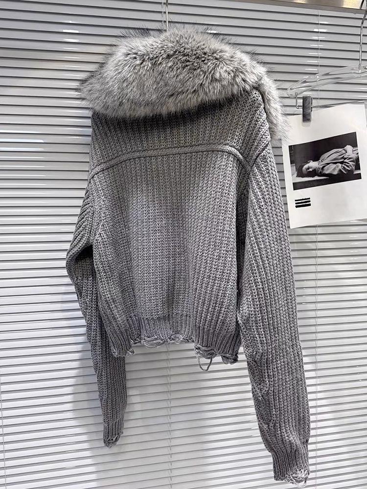 Women's Summer 2026 Knit Cardigan with Detachable Fur Collar