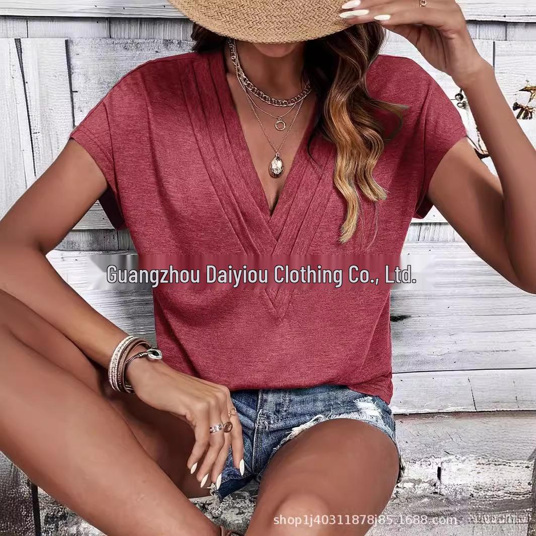 

2024 Solid Color V-neck Batwing Sleeve Elegant Slimming T-shirt XL