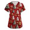 Women's V-neck Christmas printed short-sleeved pocket side-slit protective suit top