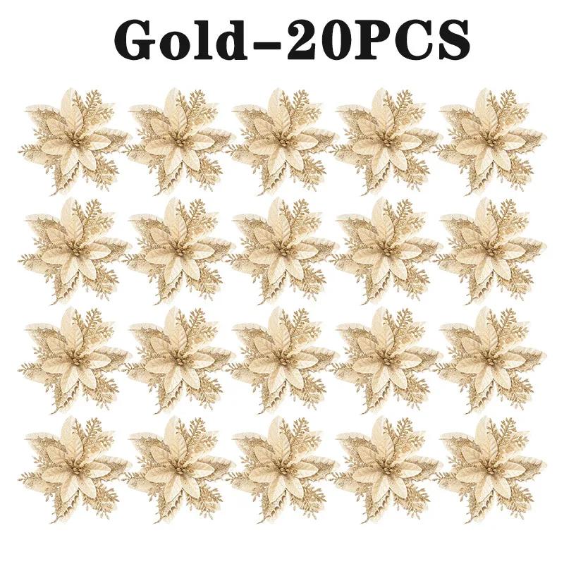 10PCS/Bag Christmas Flowers Glitter Artificial Poinsettia Floral Xmas Tree Ornaments DIY Garlands Home Wedding Party Decor