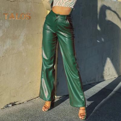 Pantaloni da donna in similpelle con cerniera e bottone, pantaloni dritti a gamba larga con tasche, vita alta, vestibilità ampia, pantaloni lunghi