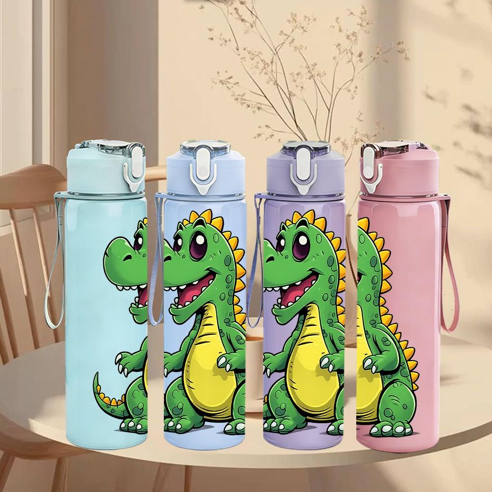1PC Cute Green Dinosaur Cartoon Print 750ml Color Plastic Sports Water Bottle Leakproof Flip Straw Lid Suitable for Sports Office Home Use