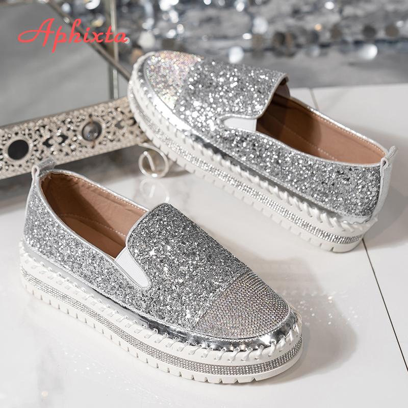 Fashion Aphixta Luxury Crystals Flats Women Slip On Red Pink Khaki Women Sexy Platform Casual Women Shoes Flats Female Rhinestone Loafer