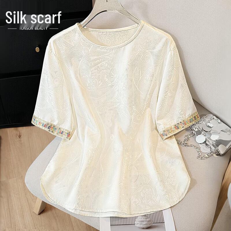 Sibaishi Women s Jacquard Loose Elbow-Length Sleeve Pullover Shirt M