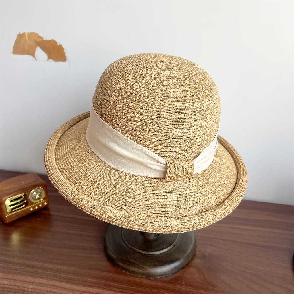 French Bow Retro Rolled Brim Straw Hat, Adjustable Women's Sun Hat for Beach Vacation Travel