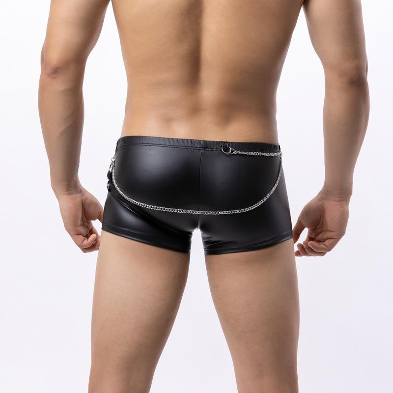 Mens Sexy Underwear Black Faux Leather Boxers Shorts Nightclub Ring Lingerie Man Panties U Convex Pouch Underpants