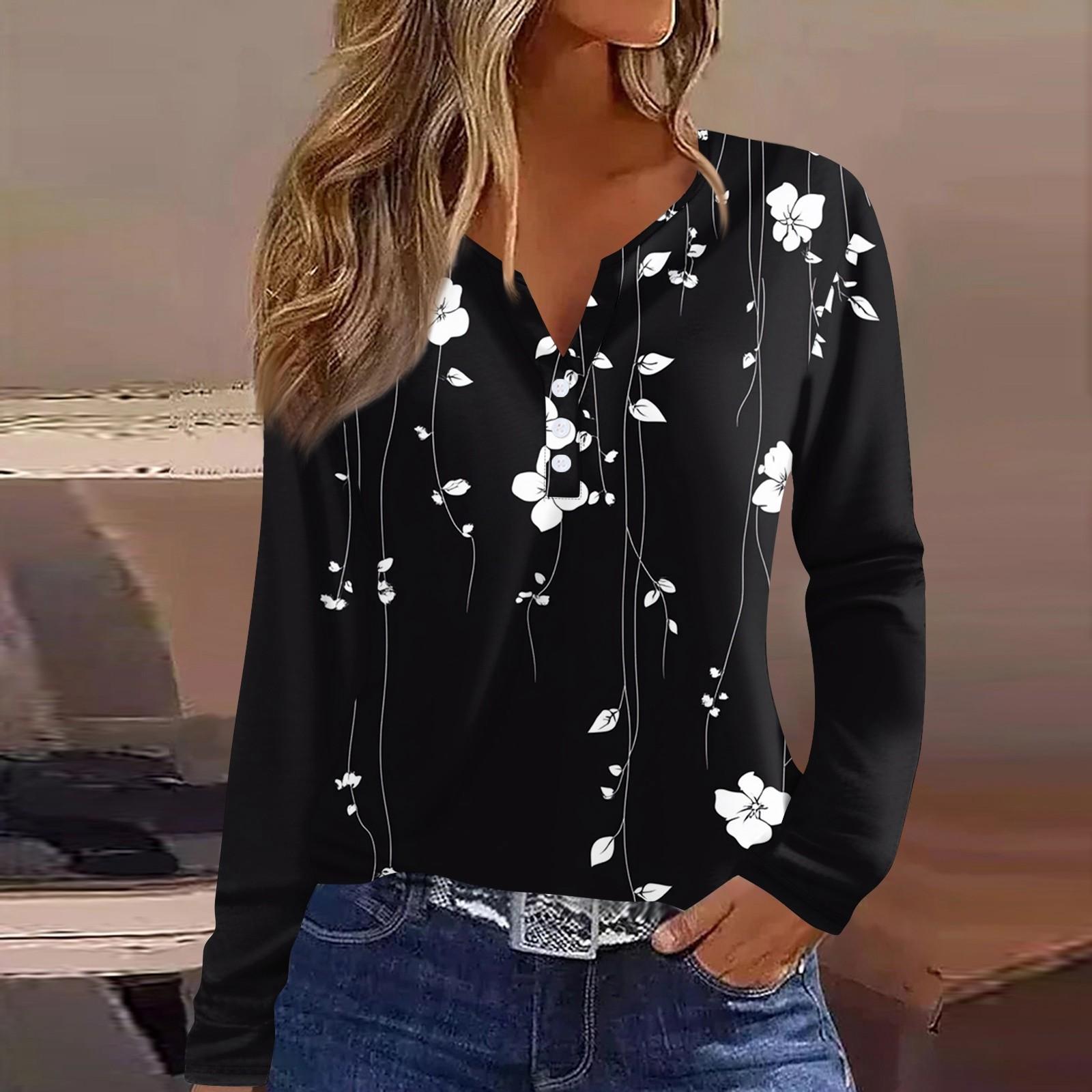 Жен. Футболка Футболка С принтом Пуговицы Длинный рукав Повседневные Выходные Мода — фото 3