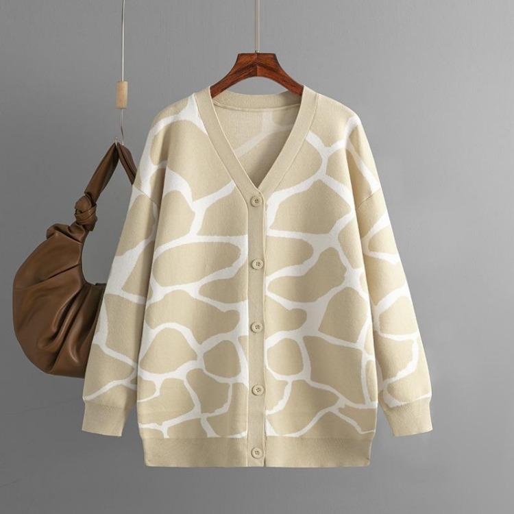 Autumn Winter Women Jacquard Sweater Loose Knit Coat V Neck Long Patterned