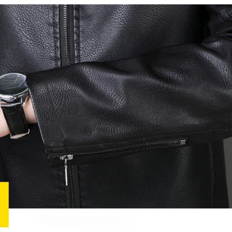 PU Leather Men's Slim Jacket Autumn and Winter Velvet Jacket Men's Casual Stand-up Collar Leather Jacket