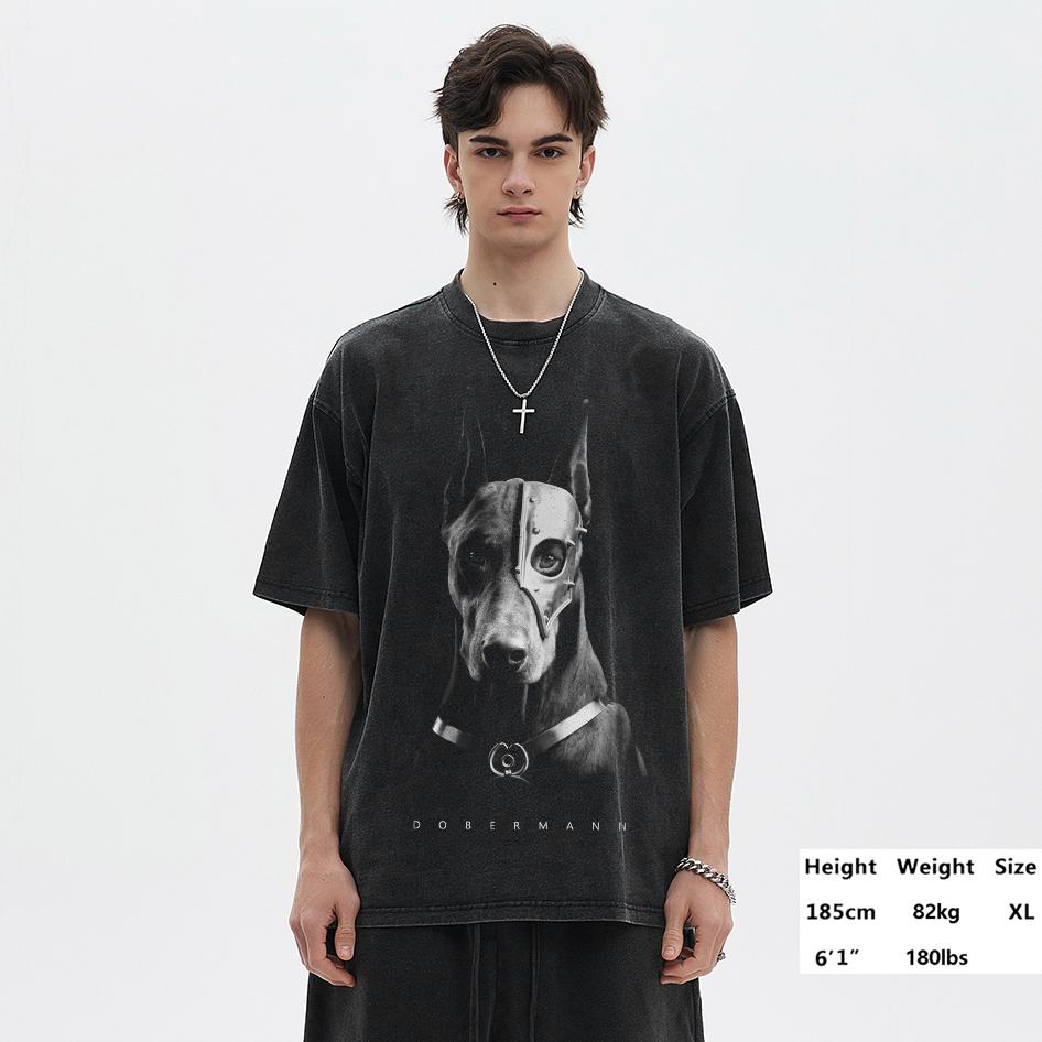 2024 Streetwear Dobermann Graphic Unisex T-Shirt Cotton Washed Black Tshirt Unisex Tops Tees Summer Short Sleeves T Shirt