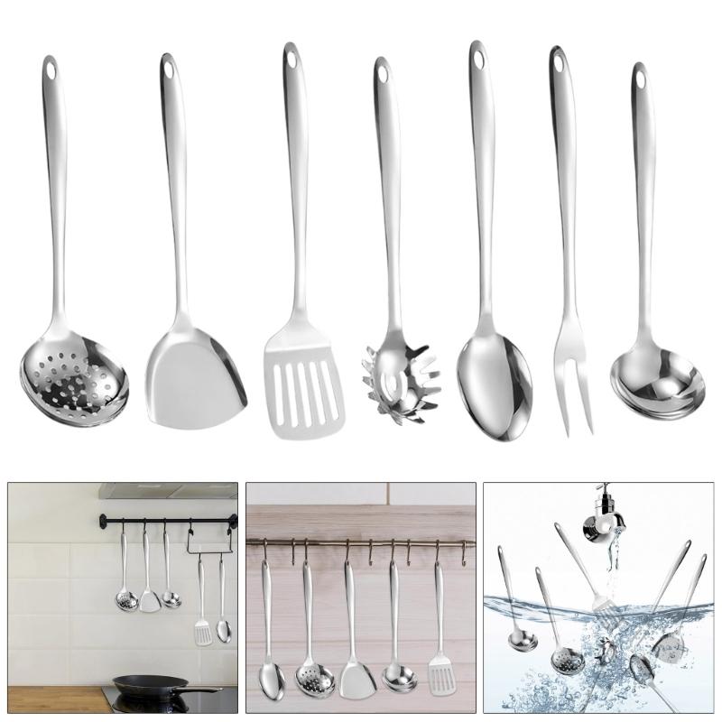 Set of 7 Stainless Steel Kitchen Utensils Essential Cooking Tool Slotted Tuner Serving Spoon Cooking Kitchen Utensils