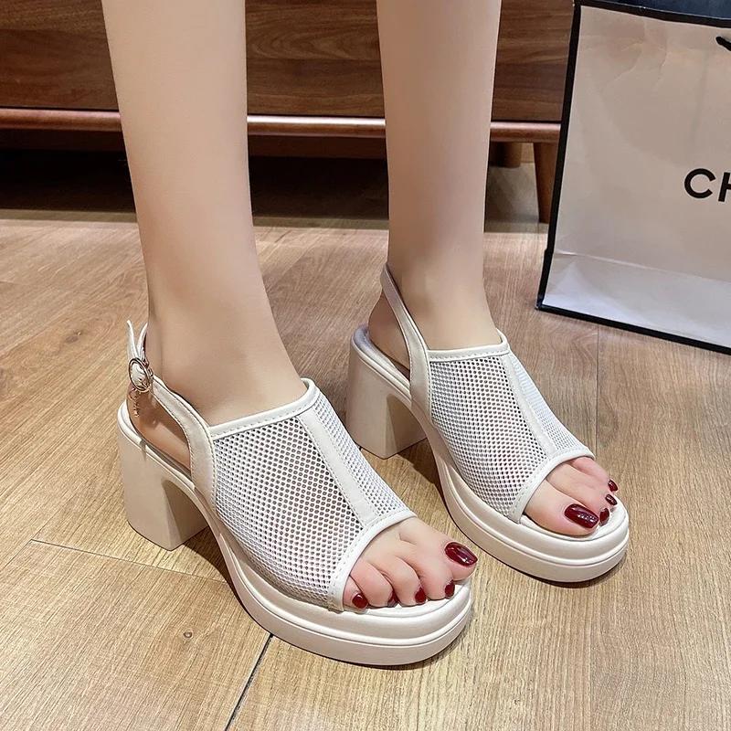 Fashion Elegant Woman Heeled Shoes 2025 High Quality Buckle Strap Women's Sandals Fashion Peep Toe Mesh Casual Women New Heeled Sandals