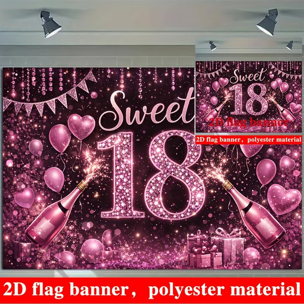 Sweet 18 Birthday Banner Backdrop Purple Glitter Balloons Champagne Hearts