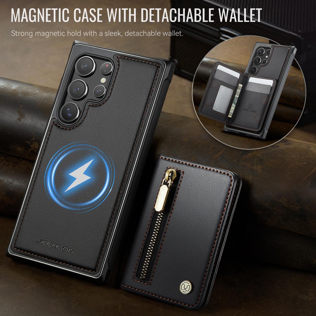 For Samsung Galaxy S22 Ultra 5G Case JEEHOOD J12 Magnetic Detachable Zipper Wallet Kickstand Leather Back Cover Magnetic Case