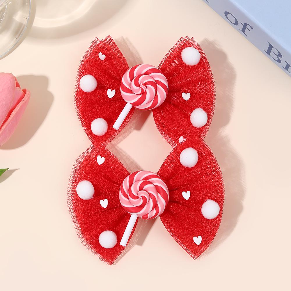 2Pcs Cute Lollipop Bow Hair Clips Sweet Mesh Bow Heart Hairpins Pom-Pom Accent Barrette For Girls Children Hair Accessories