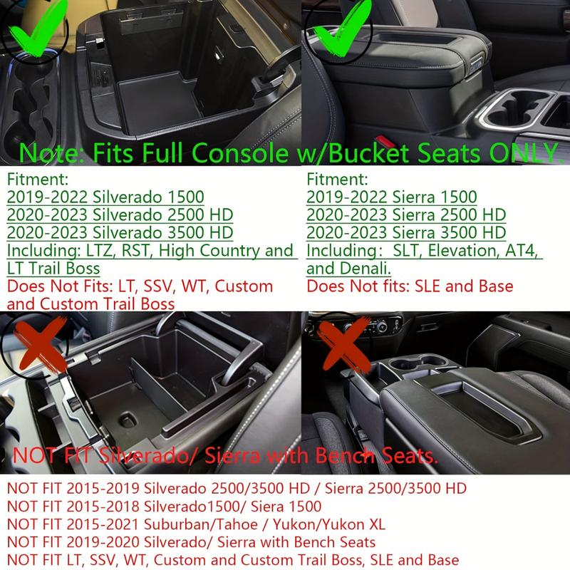 For GMC Sierra 2500HD 3500HD Silverado 1500 Center Console Armrest Organizer Tray Durable ABS Black Storage Box With Divider