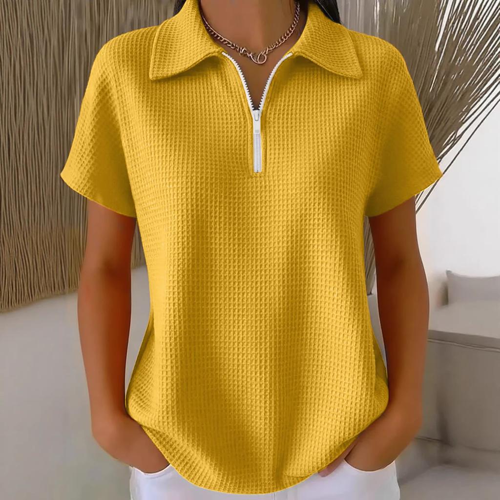 Damen Unifarbener Waffel-Reißverschluss-Polo-Kragen Lässiges Oberteil mit kurzen Ärmeln
