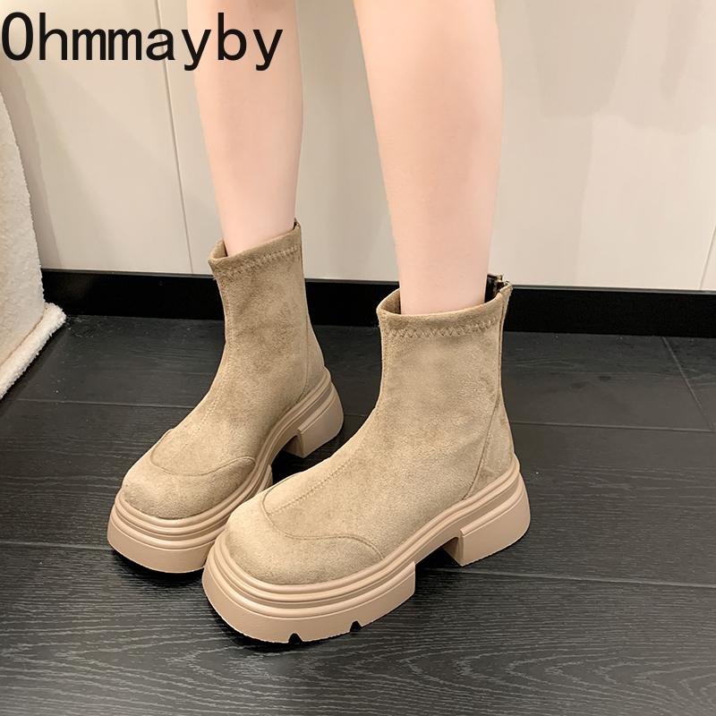 Vintage Platform Thick Sole Woman Ankle Boots Comfort Short Plush Shoes Autumn Winter Slim Height Increase Short Botas