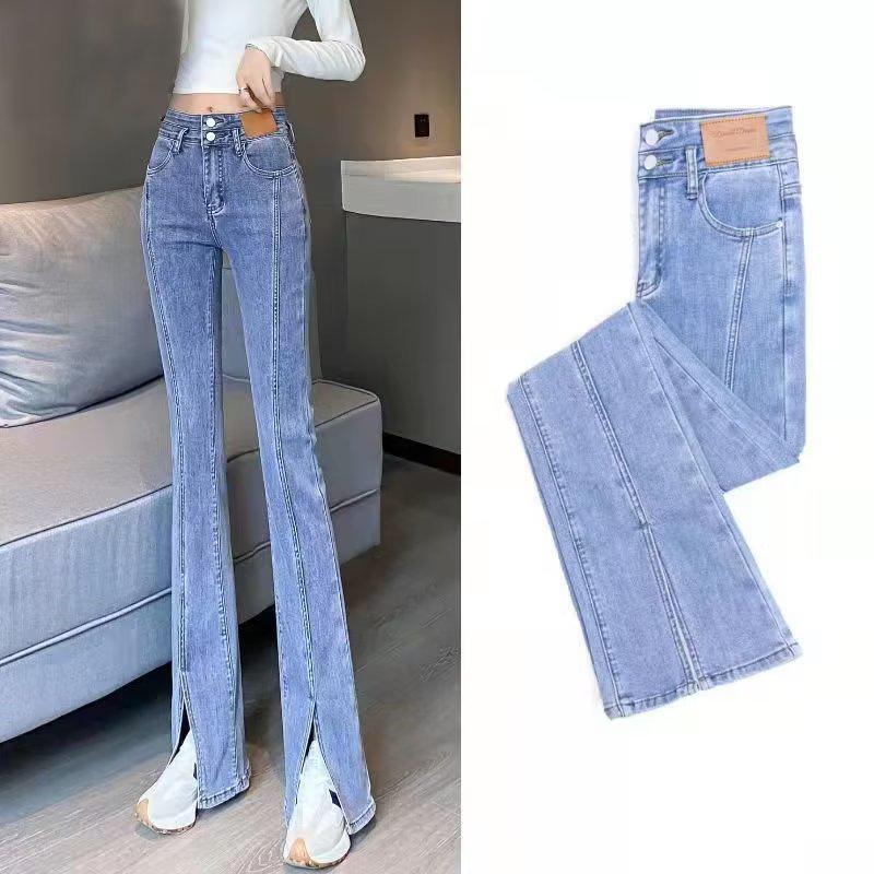 High-Waisted Black Flared Women's Slit Jeans, Slim Fit for Spring & Autumn 2023