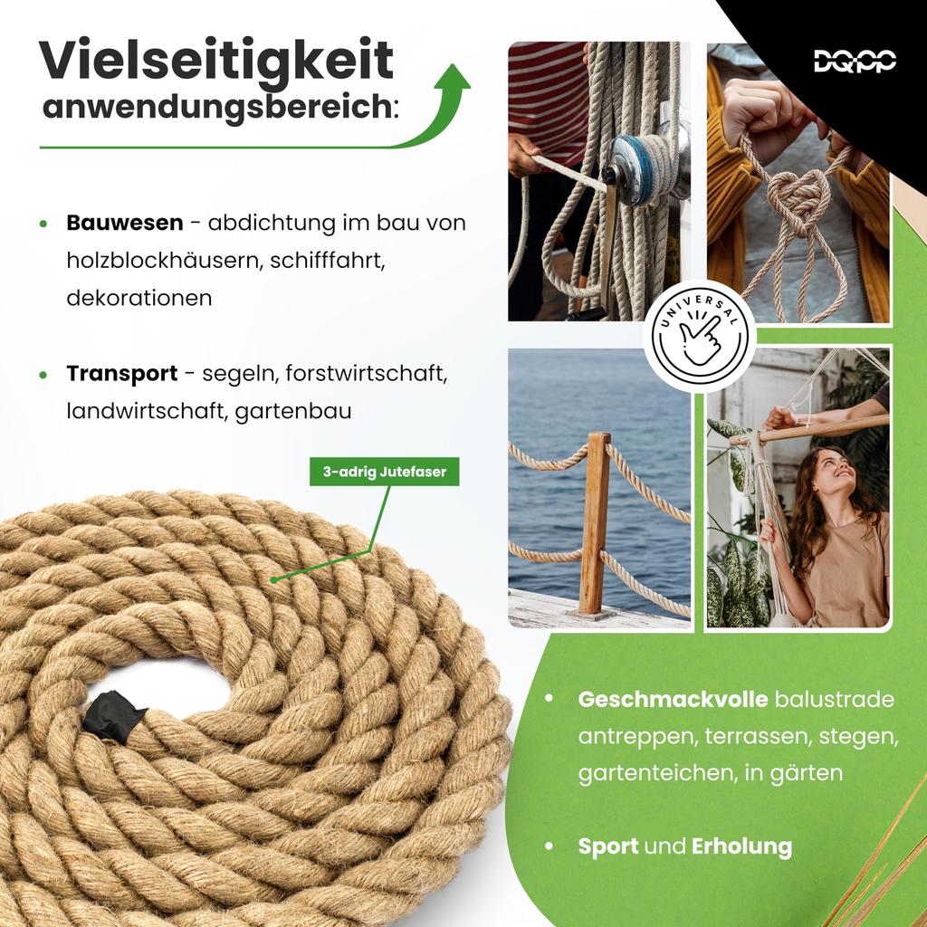 10m JUTESEIL 46mm Naturfasern Absperrseil Jute gedreht Hanf Tauziehen Handlauf