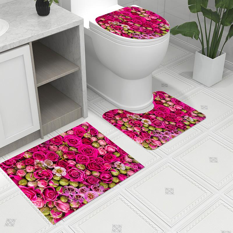 3pcs Bath Mat Set Bohemia Flower Anti-Slip Carpet Doormat Toilet Lid Toilet Seat CoverToilet Seat Mat Bath Rug Accessories