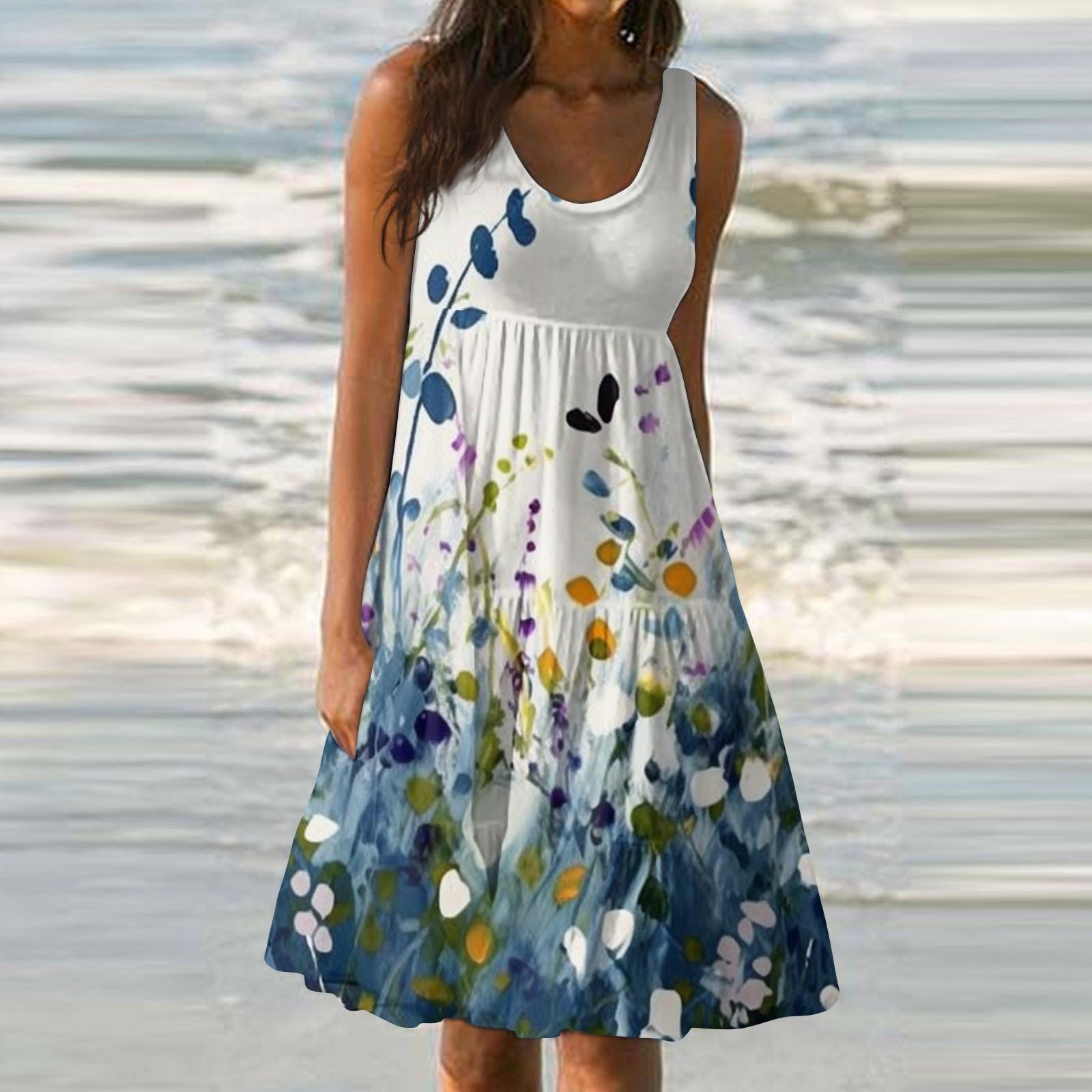 Женское летнее модное свободное повседневное пляжное платье без рукавов с принтом — фото 7
