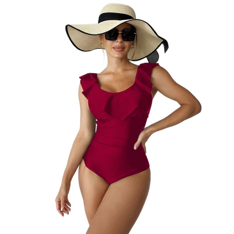 Women One-piece Short Sleeve Triangle Swimsuit Square Neck Front Zipper Design Swimwear