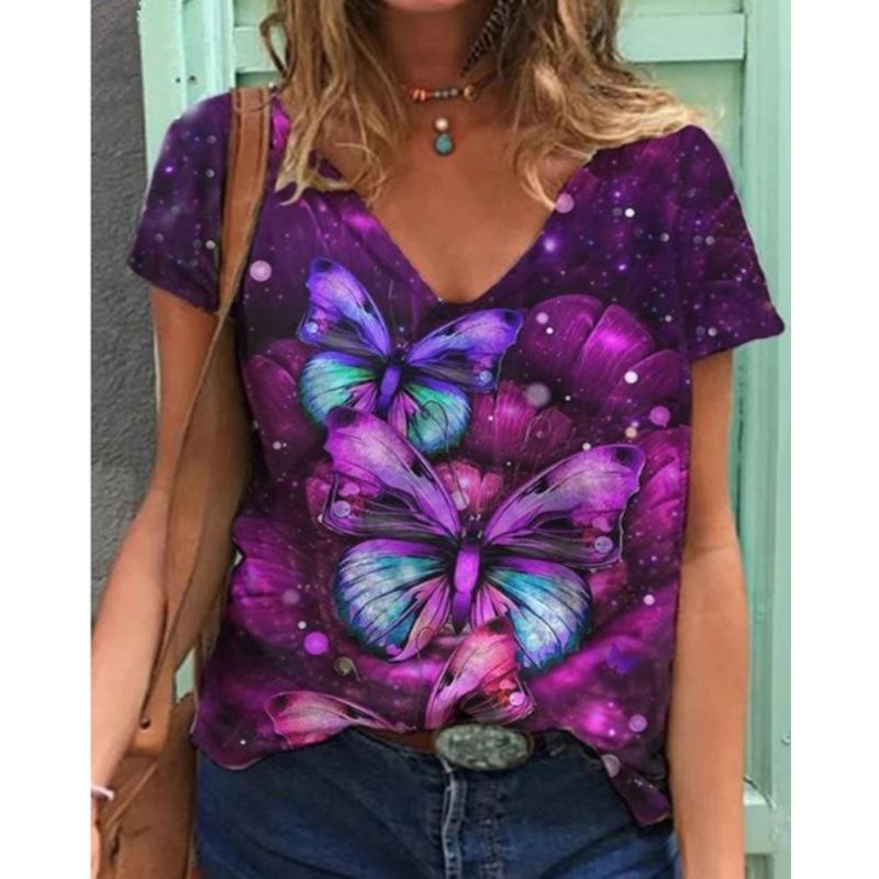 

Модная женская футболка с V-образным вырезом, коротким рукавом, принтом бабочек и цветов, уличная мода, свободного кроя, сделай сам L