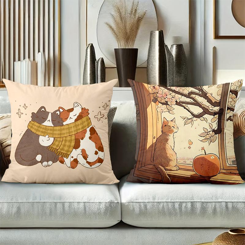 Autumn Cat Pattern Decorative Throw Pillow Cover 2D Printed Polyester Sofa Cushion Case for Home Living Room Decor