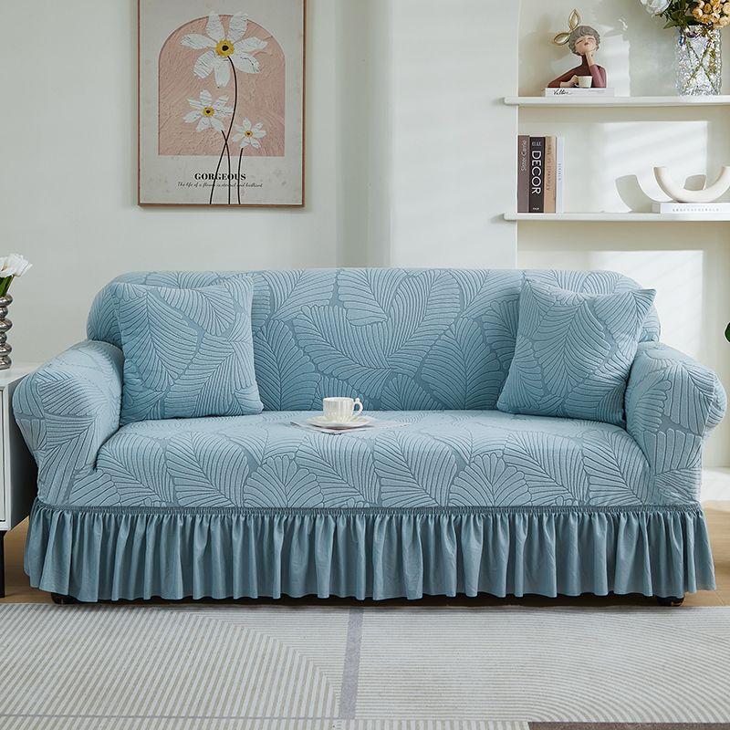 Leaf Texture All-Inclusive Skirt Sofa Cover with Ruffled Trim - Stretchy Polyester-Spandex Blend Fits 1-4 Seater Couches for Living Room, Bedroom