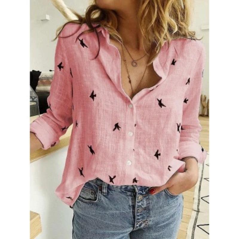 Spring and Autumn Thousand Paper Crane Print  Long Sleeve Top Cotton and Linen with Sleeve Row Shirts Casual LooseWomen’s Blouses & Shirts