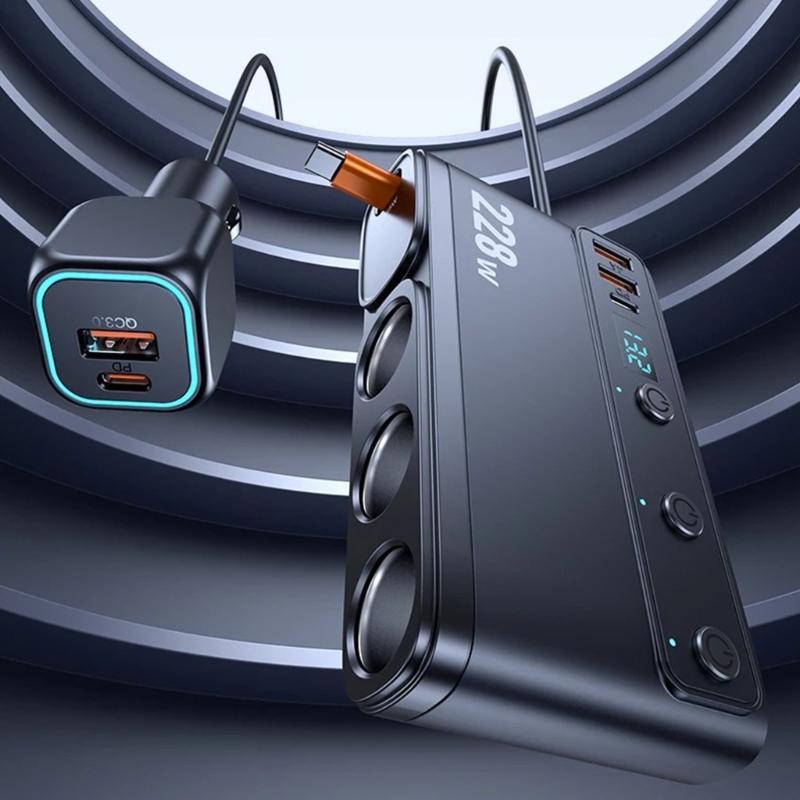 Car Chargers Splitter for Simultaneous Charging 228W Output QC3.0 PD45W with Telescoping USB C Cable LED Battery Monitor