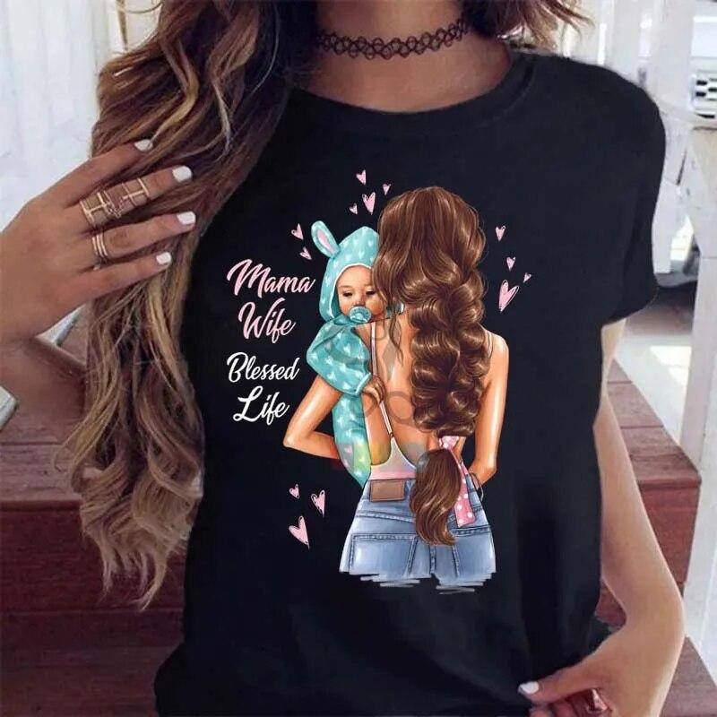 Maycaur Women T Shirt Cartoon Mom with Sons Shirt Fashion Print Casual Woman Tee Ladies Female T-shirt Short Sleeve T Top Shirt