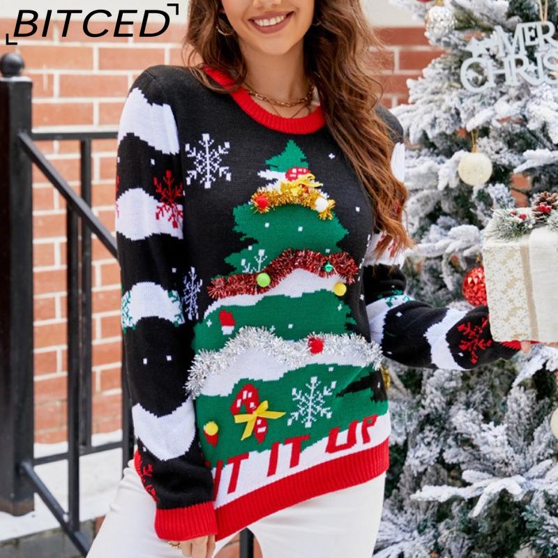 

BITCED Casual O-Neck Christmas Jumper with Embroidered Christmas Tree, Letter Motifs and Cartoon Designs XXL