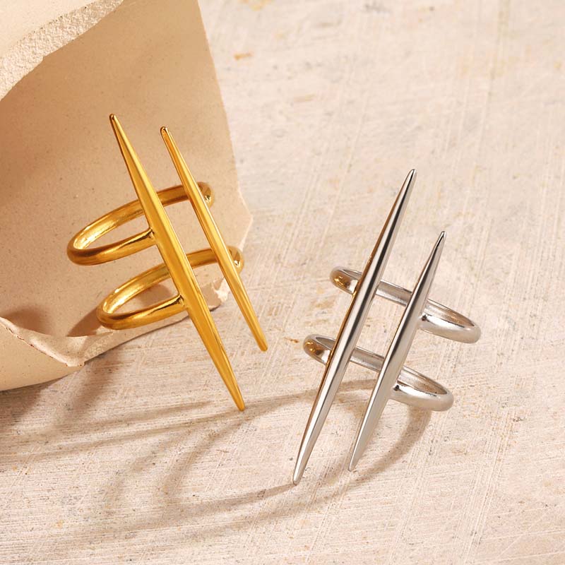Stainless Steel Metal Double Line Hollowed Out Open Ring For Women Vintage Gold Color Geometric Finger Ring Charm Daily Jewelry