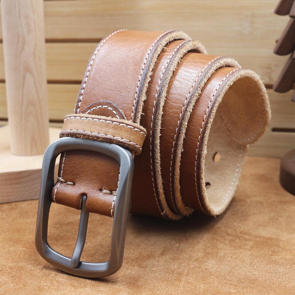 Genuine Cowhide Leather Pin Buckle Men's Belt - Retro Vegetable Tanned 