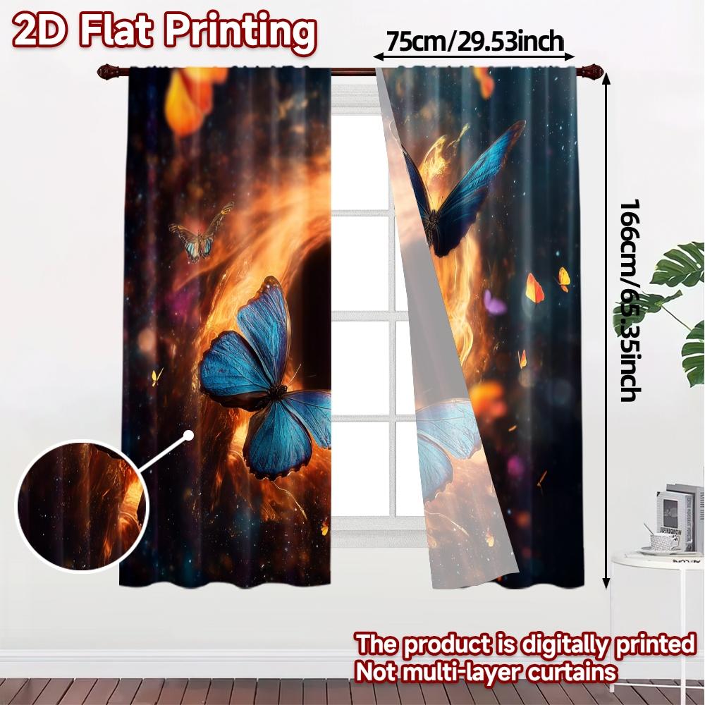 Set Of 2 Modern Flat Printing Curtains Without Rod Celestial Butterflies Durable Polyester Curtain With Light Filtering