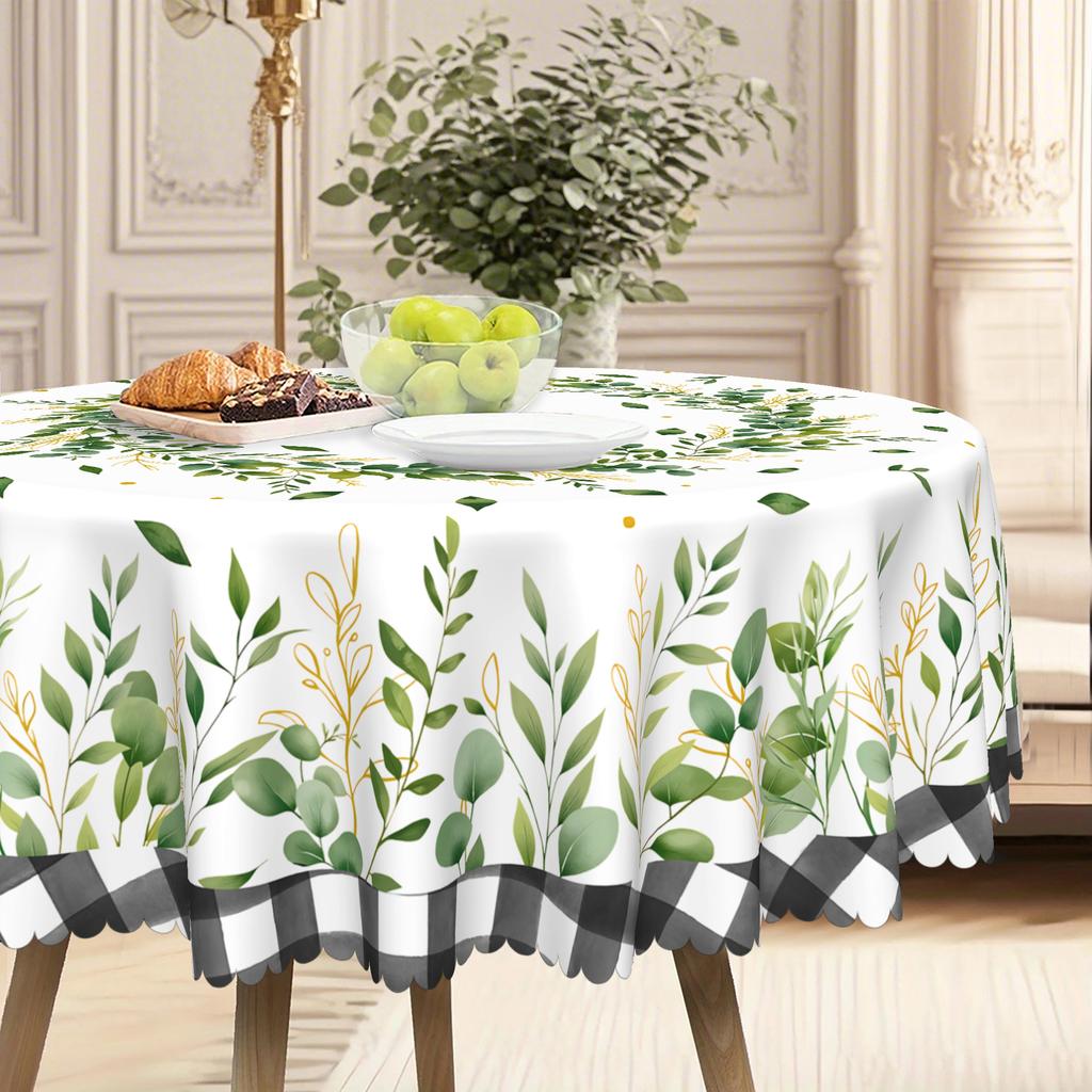 Pastoral Green Plant Round Table Cloth, Green Leaf Vine And Gold Embellishment Print, Fresh And Natural Table Decorative Cloth