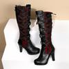 Punk-Plateaustiefel für Damen, mit Schnürung, klobigen High Heels, mittelhohen Stiefeln, schmalem Band und Schleife, Goth Gothic Cosplay Schuhe, Winter