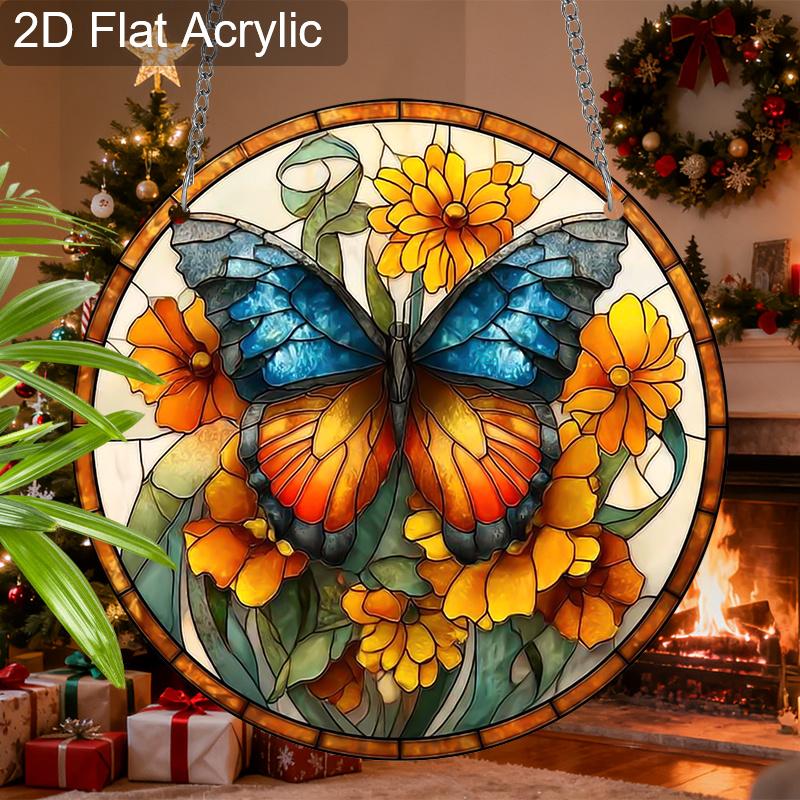 Acrylic Blue-Orange Butterfly with Yellow Flowers Suncatcher, Stained Glass Effect Window Hanging Ornament for Nature & Art Lover Gifts