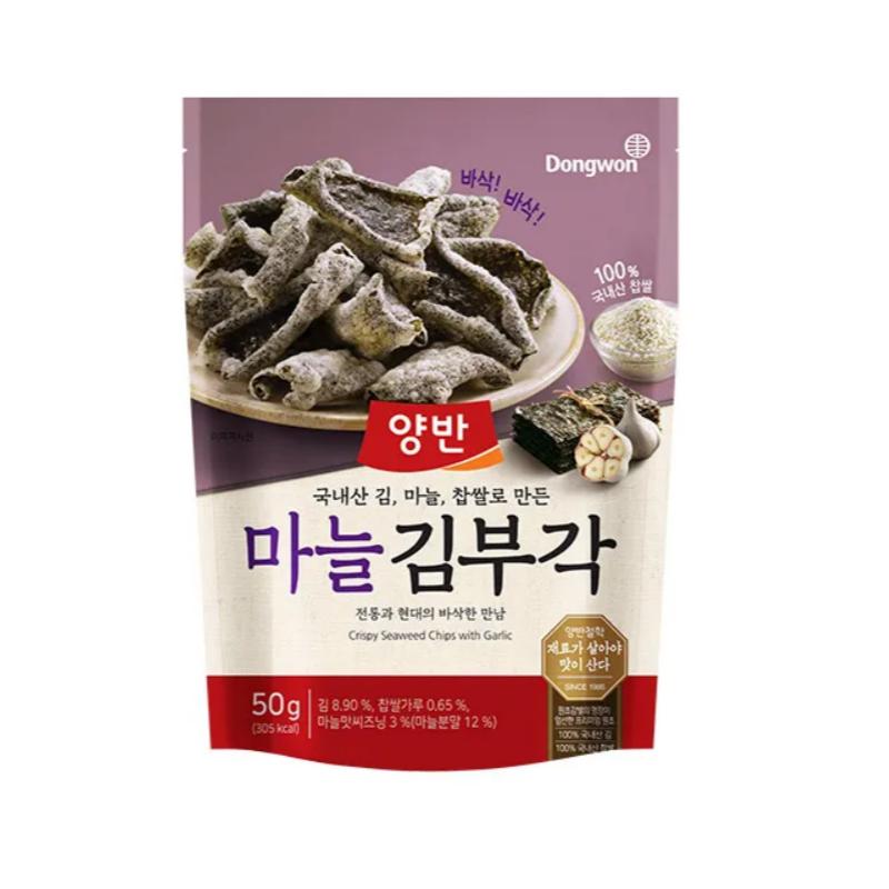 

Dongwon Yangban Seaweed Chips Variety Pack, 50g × 4pcs (Original, Garlic, Shrimp, Kimchi) Pack (only Garlic flavor)