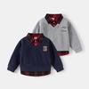 Spring Children Clothes Hoodie Boys Preppy Style Fake Two-Piece Sweatshirt Plaid Collar Long Sleeve Embroidered Boys Top
