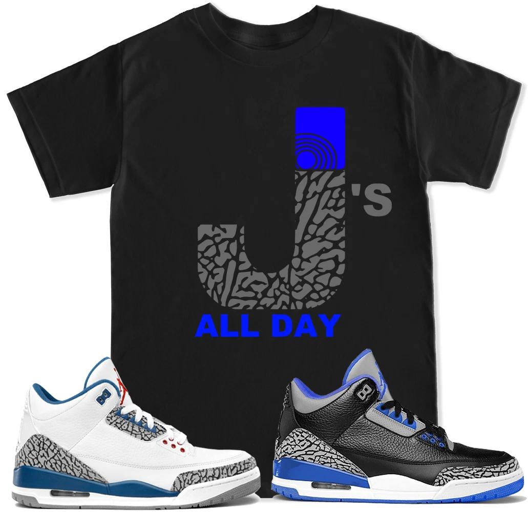 

J s ALL DAY Cement T Shirt to match with Air Js Retro 3 Sport Blue OG Shoes M