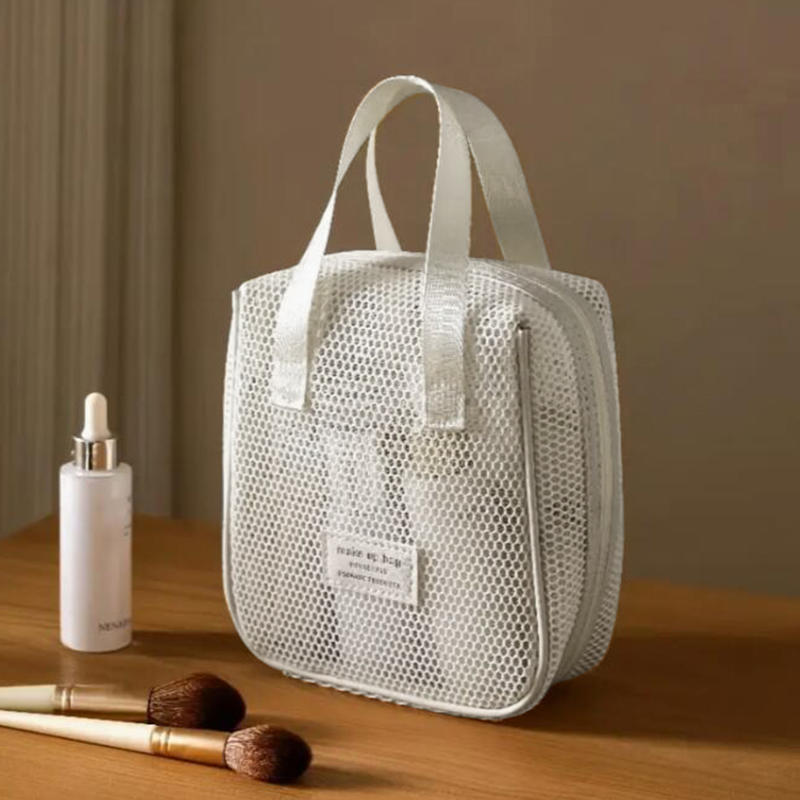 Portable Solid Color Mesh Cosmetic Bag Lightweight Space Saving Zipper Bags Large Capacity Travel Toiletry Storage Handbag