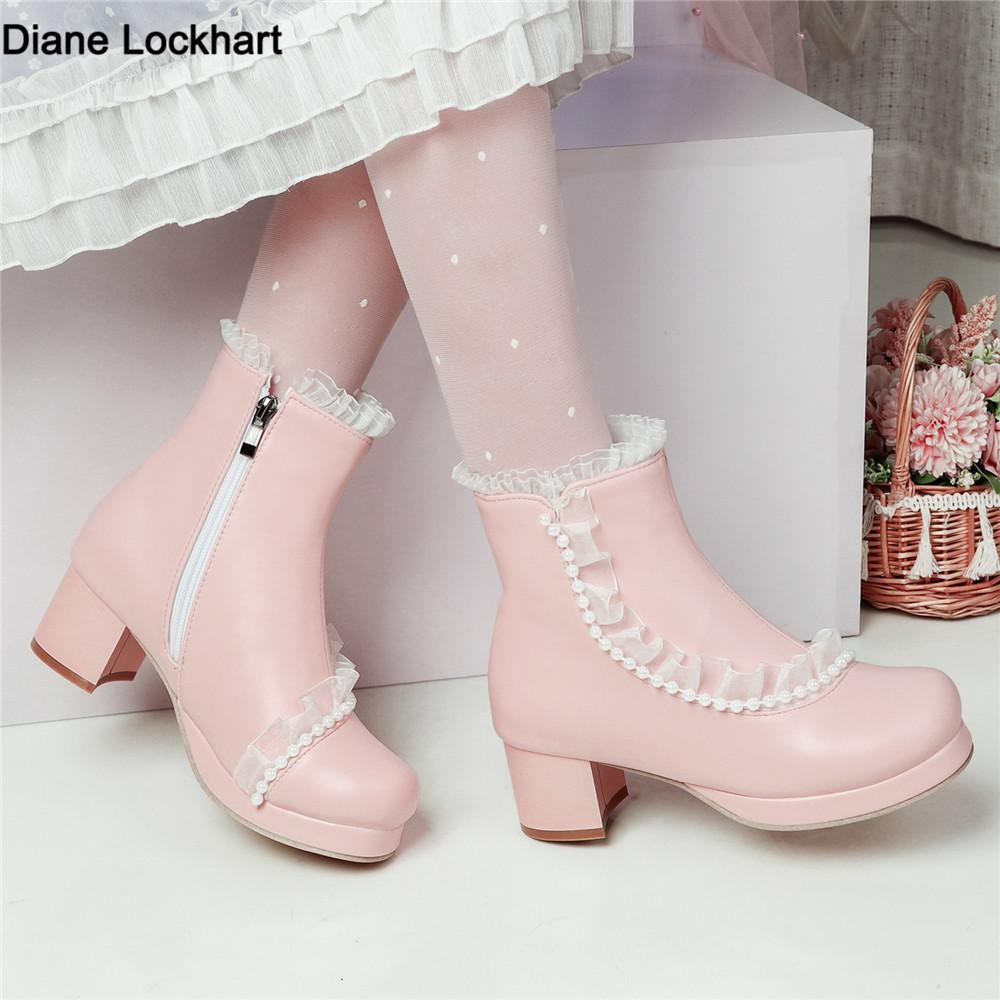 Fashion Ladies Ankle Boots Women Shoes Sweet Lace String Bead Lolita Lovely Cosplay Platform Girls Mid Heels Booties Woman Pink White