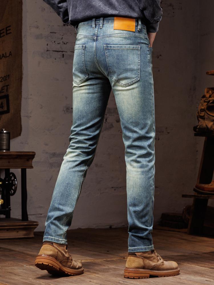 Brand Men's Korean Style Skinny Mid-Waist Jeans - Versatile Fashionable Long Pants for All Seasons